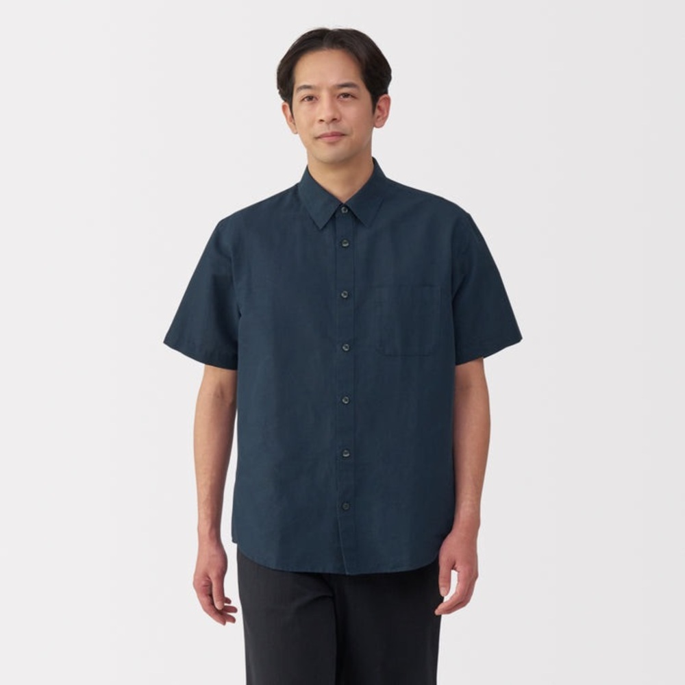 Muji Men's Navy Linen Short Sleeve Shirt